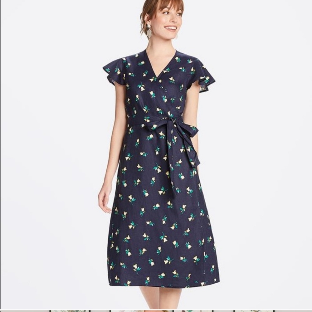 Draper James Navy Blue Dark Floral Linen Wrap Dress NWT 6 - Picture 2 of 11
